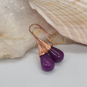 SALE/ Rose Gold Earrings Natural Purple Jade Plated Jewelry